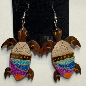 Hand Painted Laser Cut Wooden Sea Turtle Dangle Earrings